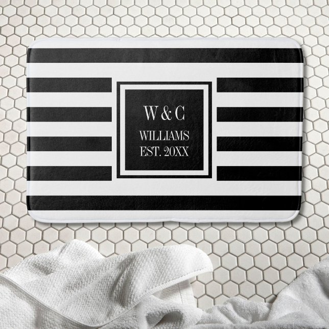 Personalized Monogram Black White Stripe Bath Mat (Creator Uploaded)