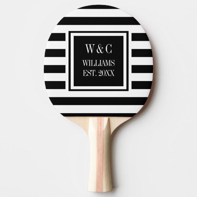 Personalized Monogram Black White Stripe Ping Pong Paddle (Front)