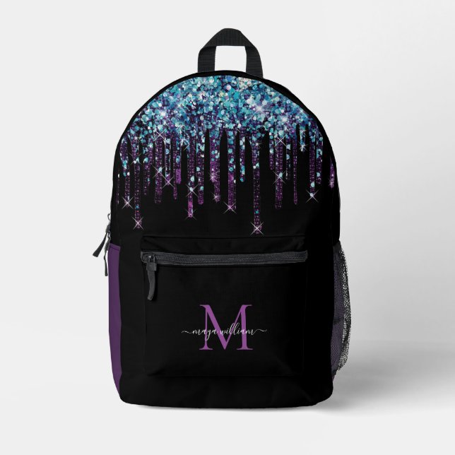 Personalized Monogram Blue Agate Glitter Printed Backpack (Front)