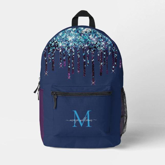 Personalized Monogram Blue Agate Glitter Printed Backpack (Front)