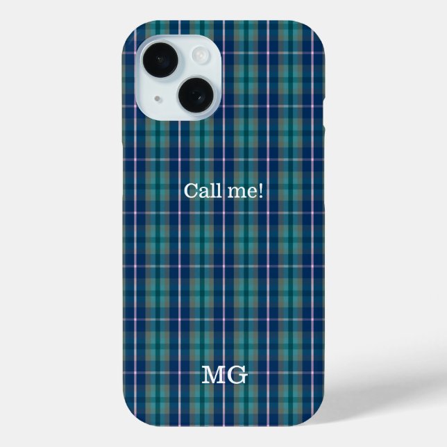 Personalized Monogram Blue and Pink Plaid Pattern Case-Mate iPhone Case (Back)
