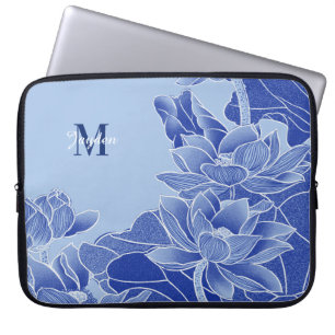 Personalized Monogram Blue Flowers Lotus Mandala   Laptop Sleeve