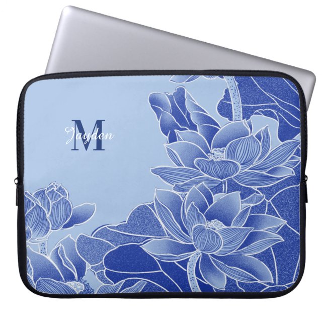 Personalized Monogram Blue Flowers Lotus Mandala   Laptop Sleeve (Front)
