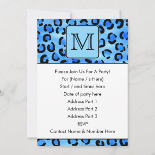 Personalized Monogram, Blue Leopard Print Pattern. Invitation