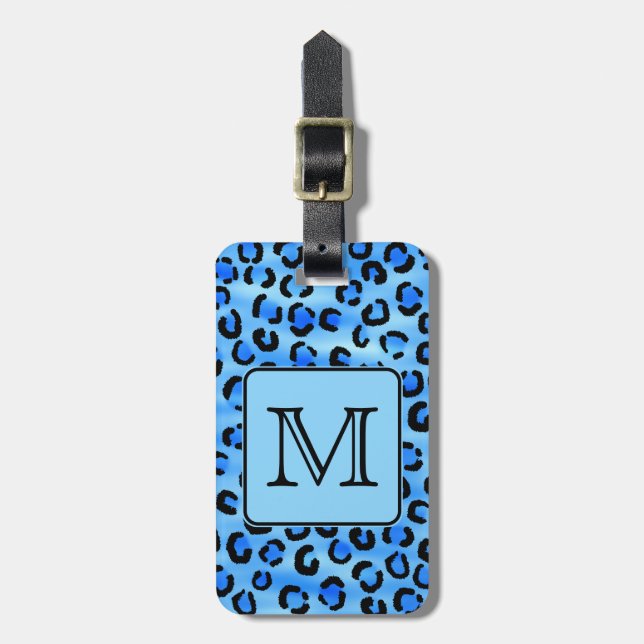 Personalized Monogram, Blue Leopard Print Pattern. Luggage Tag (Front Vertical)