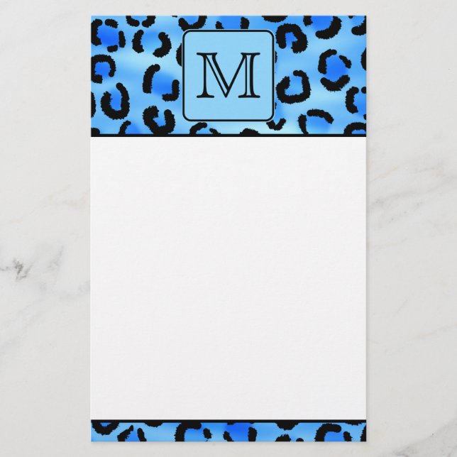 Personalized Monogram, Blue Leopard Print Pattern. Stationery (Front)