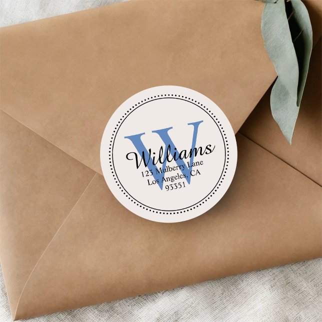 Personalized Monogram Blue Return Address Classic Round Sticker (Creator Uploaded)