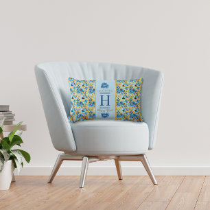 Personalized Monogram Blue Rose Happy Place Lumbar Pillow