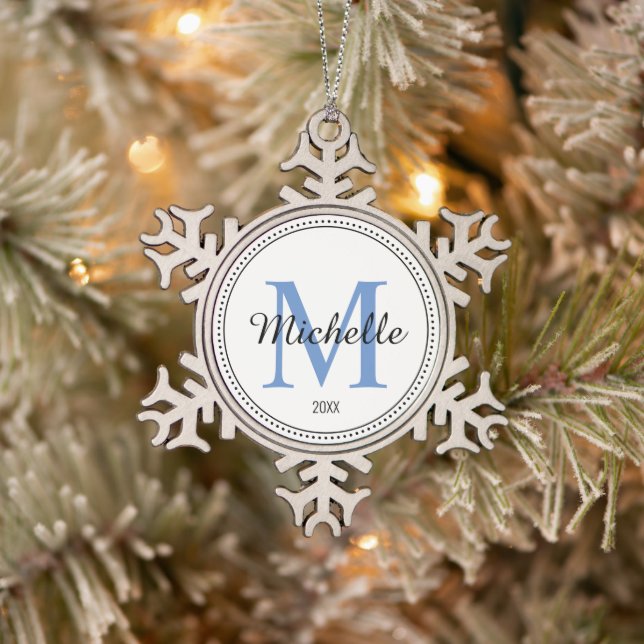 Personalized Monogram Blue Snowflake Pewter Christmas Ornament (Tree)