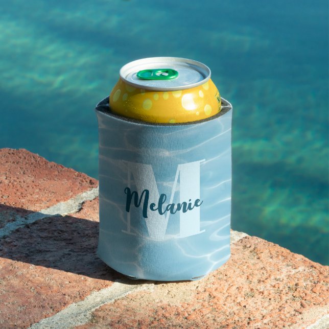 Personalized Monogram Blue Swimming Pool Modern Can Cooler (In Situ Pool)