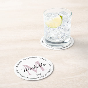Personalized Monogram Blush Pink Round Paper Coaster