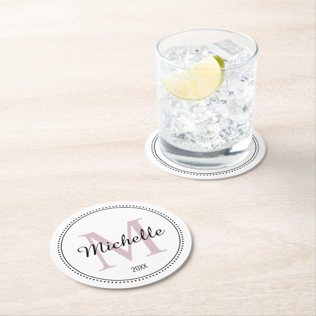 Personalized Monogram Blush Pink Round Paper Coaster (Insitu)