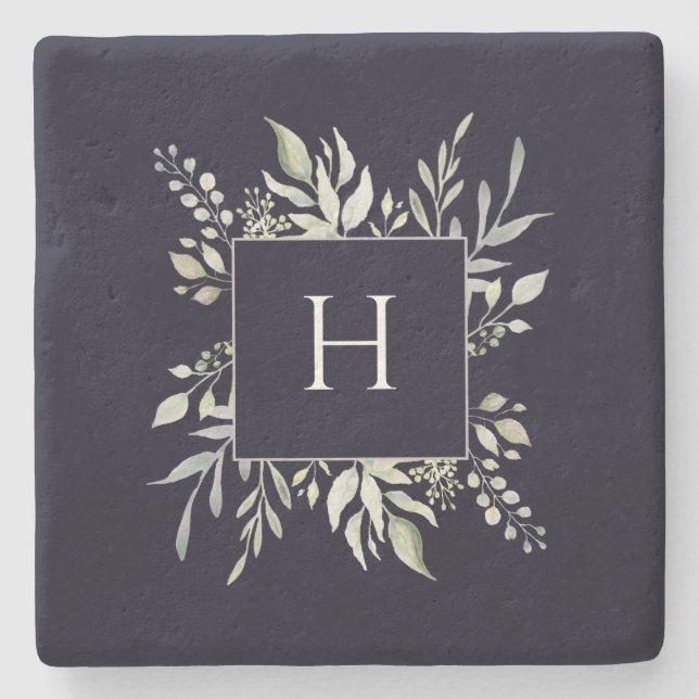Personalized Monogram Botanical Dark Navy Stone Coaster (Front)