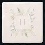 Personalized Monogram Botanical Stone Coaster<br><div class="desc">Personalized Monogram Botanical Drink Coaster. Elegant design with delicate watercolor foliage border in shades of green and grey around grey customizable initial on white. Gorgeous gift, favour, or addition to your home decor. We invite you to visit our Zazzle's store, Simon & Grace, to view matching products and more. Please...</div>