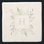Personalized Monogram Botanical Stone Coaster<br><div class="desc">Personalized Monogram Botanical Drink Coaster. Elegant design with delicate watercolor foliage border in shades of green and grey around grey customizable initial on white. Gorgeous gift, favour, or addition to your home decor. We invite you to visit our Zazzle's store, Simon & Grace, to view matching products and more. Please...</div>