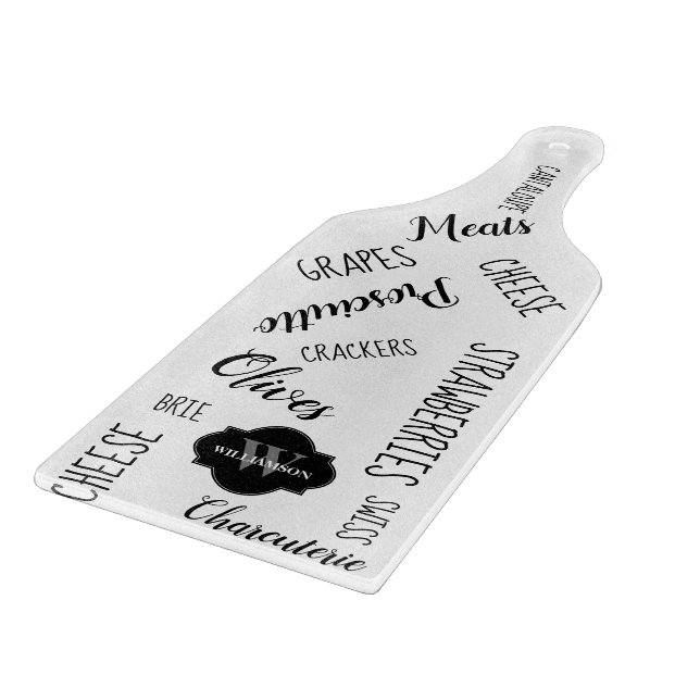 Personalized monogram charcuterie black Words Cutting Board (Corner)