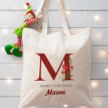 Personalized Monogram Christmas Present Tote Bag<br><div class="desc">This personalized Christmas monogram and name design is perfect for both kids and adults alike. This can be printed with any name and letter. Easy to edit and have printed! These make a perfect Christmas gift,  stocking stuffer,  holiday gift swap or use as a gift bag!</div>