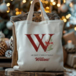 Personalized Monogram Christmas Present Tote Bag<br><div class="desc">This personalized Christmas monogram and name design is perfect for both kids and adults alike. This can be printed with any name and letter. Easy to edit and have printed! These make a perfect Christmas gift,  stocking stuffer,  holiday gift swap or use as a gift bag!</div>