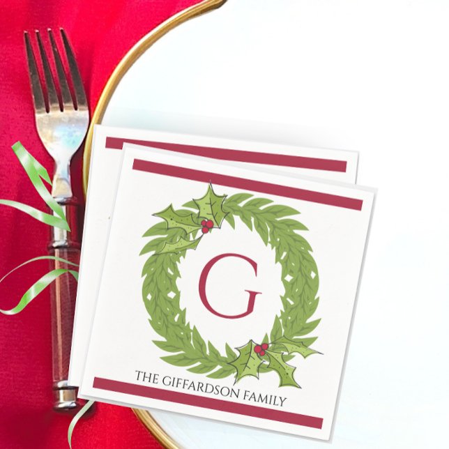 Personalized Monogram Christmas Wreath Cocktail Napkin (Personalized Monogram Christmas Wreath Red Green Custom Family Name Cocktail Drink Party Napkins)