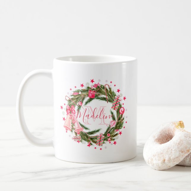 Personalized Monogram Christmas Wreath & Tree Coffee Mug (With Donut)