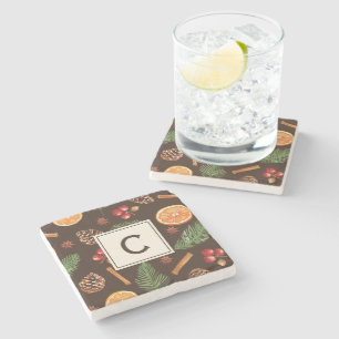 Personalized Monogram Citrus Botanical Christmas Stone Coaster