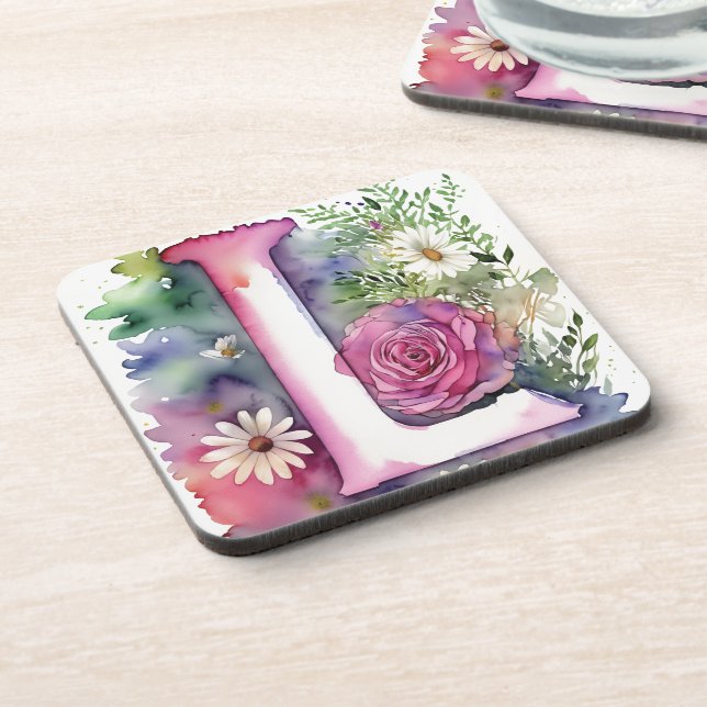 Personalized Monogram Colourful Watercolor Flowers Coaster (Left Side)