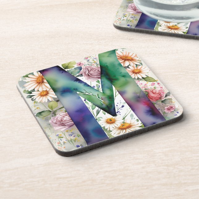 Personalized Monogram Colourful Watercolor Flowers Coaster (Left Side)