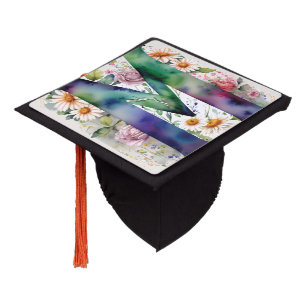 Personalized Monogram Colourful Watercolor Flowers Graduation Cap Topper