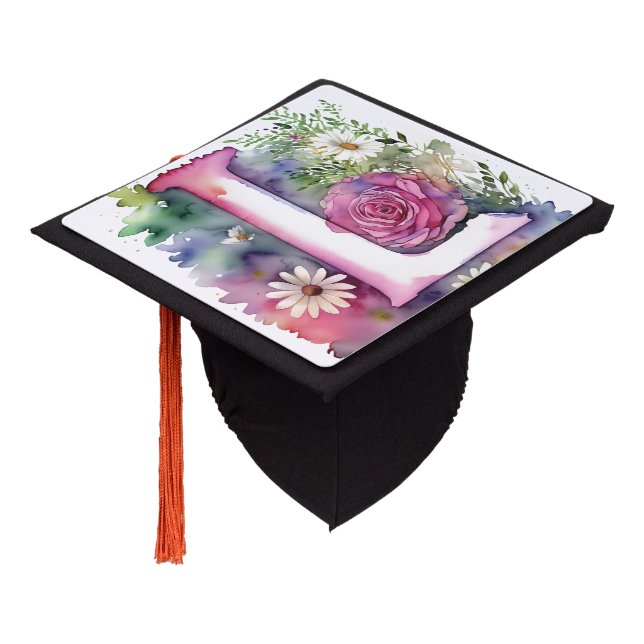 Personalized Monogram Colourful Watercolor Flowers Graduation Cap Topper (Angled)