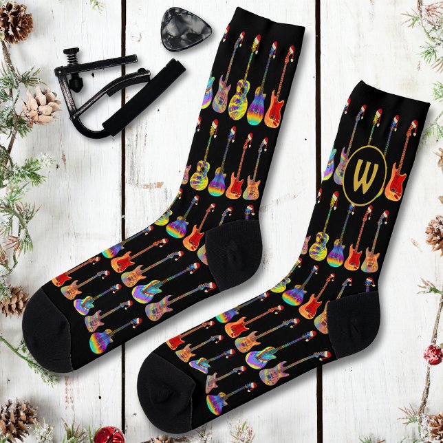 Personalized Monogram Cool Guitar Christmas Socks (Personalized christmas guitar player monogram initial cool teenage band guitarists xmas socks)