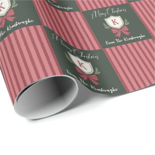 Personalized Monogram Crest Bow Christmas Wrapping Paper