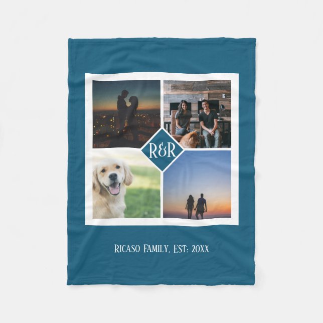Personalized Monogram Custom 4 Photo Collage Fleece Blanket (Front)