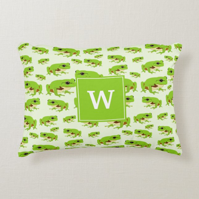 Personalized Monogram Cute Green Tree Frog Pattern Accent Pillow (Front)