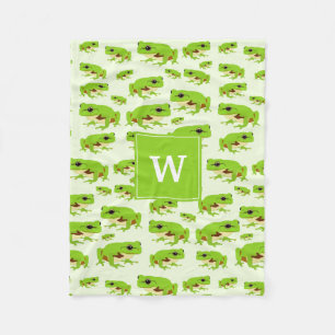 Personalized Monogram Cute Green Tree Frog Pattern Fleece Blanket