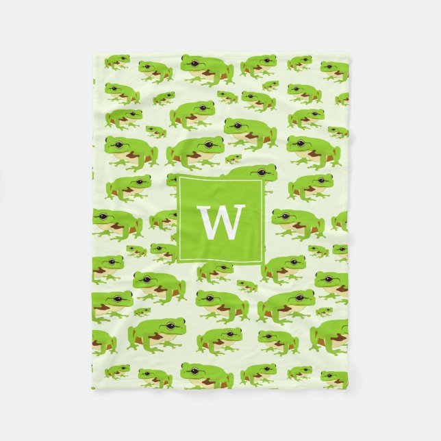 Personalized Monogram Cute Green Tree Frog Pattern Fleece Blanket (Front)