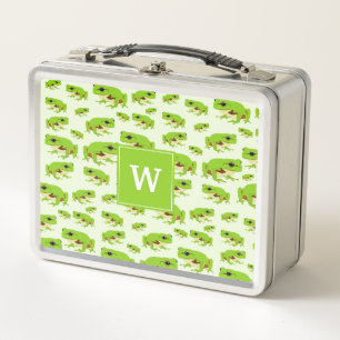 Personalized Monogram Cute Green Tree Frog Pattern Metal Lunch Box