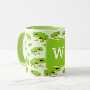 Personalized Monogram Cute Green Tree Frog Pattern Mug