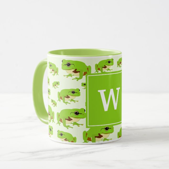 Personalized Monogram Cute Green Tree Frog Pattern Mug (Front Left)
