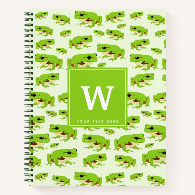 Personalized Monogram Cute Green Tree Frog Pattern Notebook (Front)