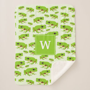 Personalized Monogram Cute Green Tree Frog Pattern Sherpa Blanket