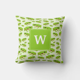 Personalized Monogram Cute Green Tree Frog Pattern Throw Pillow
