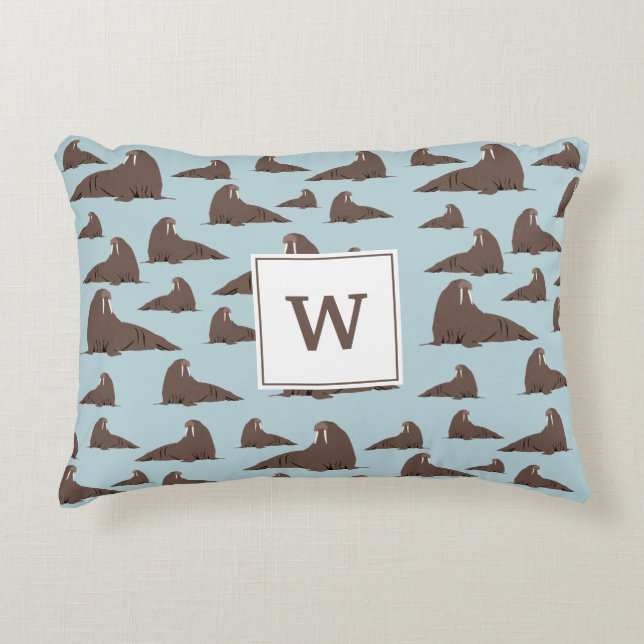Personalized Monogram Cute Walrus Pattern  Accent Pillow (Front)