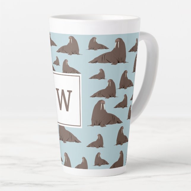Personalized Monogram Cute Walrus Pattern Latte Mug (Right Angle)