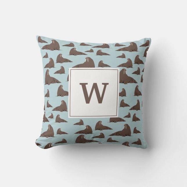 Personalized Monogram Cute Walrus Pattern Throw Pillow (Front)