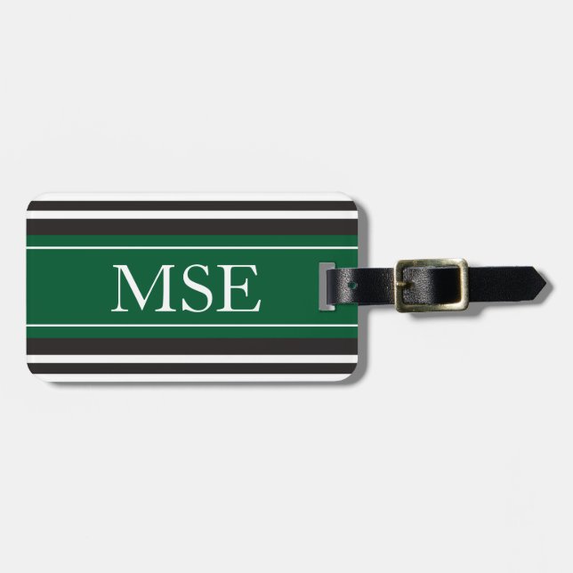Personalized Monogram Dark Green Black Stripes Luggage Tag (Front Horizontal)