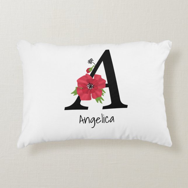 Personalized monogram editable A text red flower f Accent Pillow (Front)
