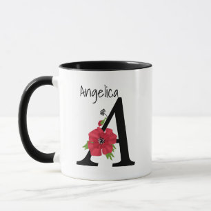 Personalized monogram editable A text red flower f Mug