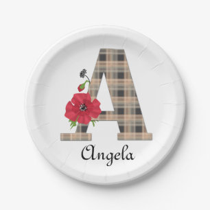 Personalized monogram editable A text red flower f Paper Plate