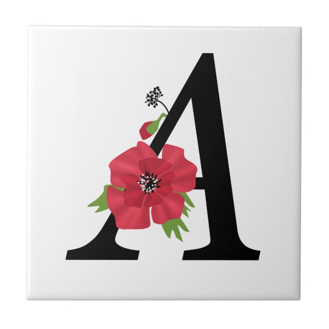 Personalized monogram editable A text red flower f Tile (Front)