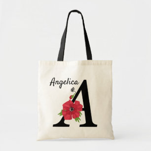 Personalized monogram editable A text red flower f Tote Bag
